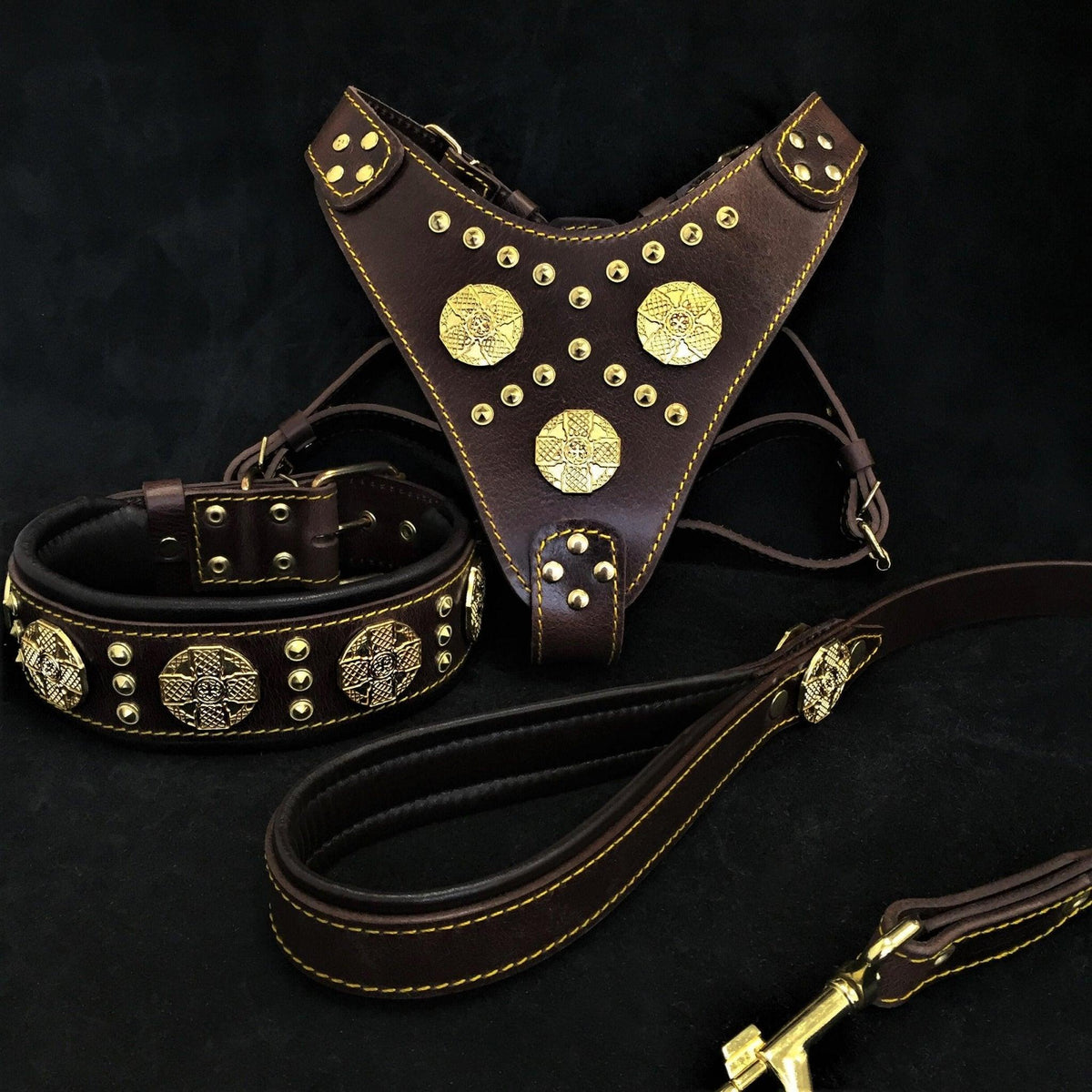 Braunes Maximus-Lederset aus Geschirr, Halsband und Leine mit goldfarbenen Zierscheiben und Nieten, gelben Nähten und schwarzer Polsterung auf dunklem Hintergrund