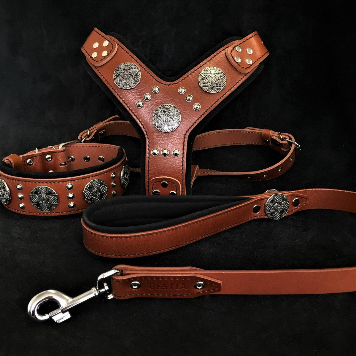 Braunes Maximus-Silver-Lederset aus Geschirr, Halsband und Leine mit silberfarbenen Zierscheiben und Nieten sowie schwarzer Polsterung auf dunklem Hintergrund