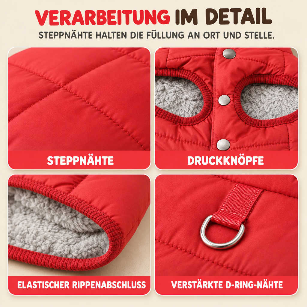 Vier Detailansichten des roten Hundemantels zeigen Steppnähte, Druckknöpfe, elastische Abschlüsse und den D-Ring