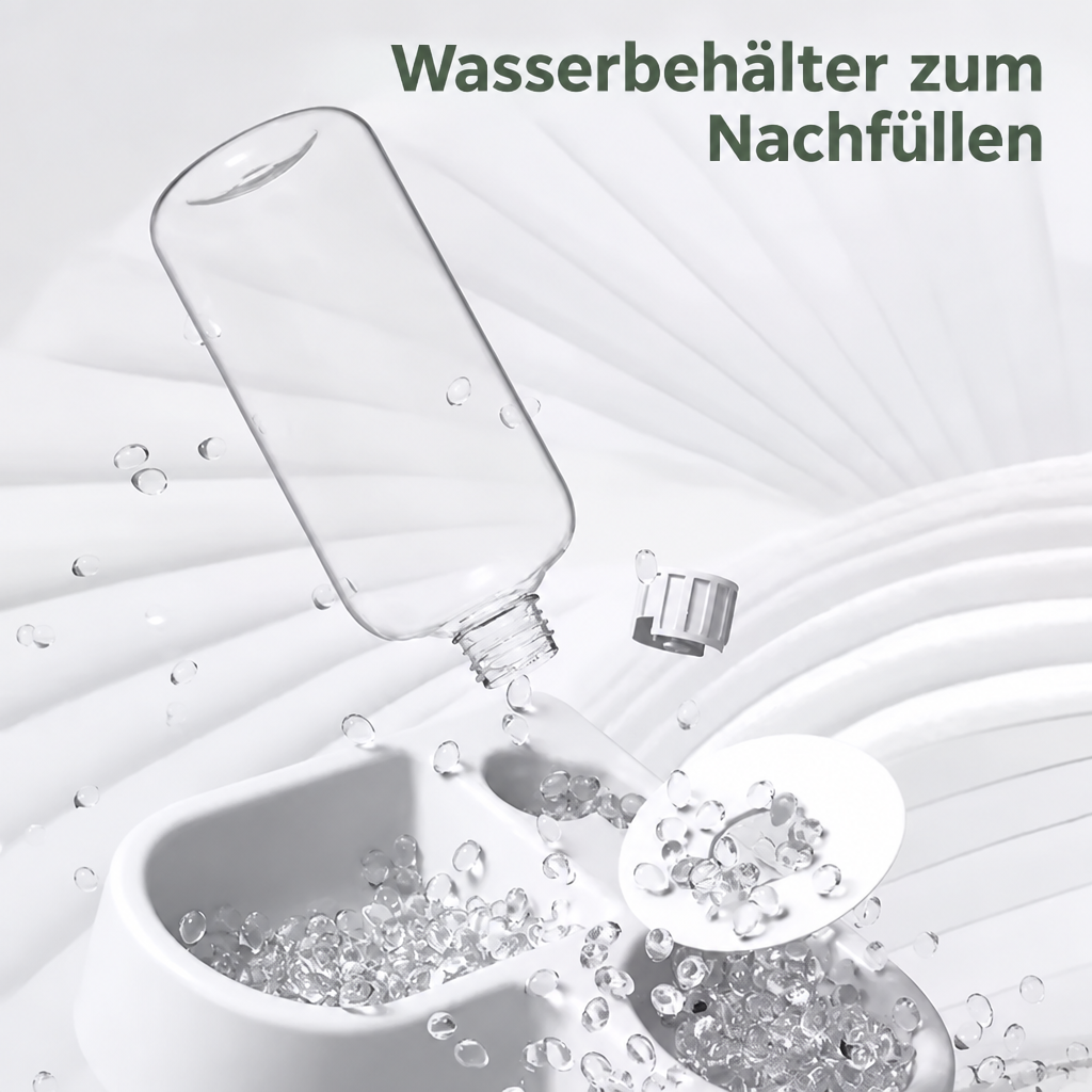 Darstellung des zerlegten Futter- und Wassernapfs mit abgenommener Wasserflasche, Verschluss und Trinkeinsatz.