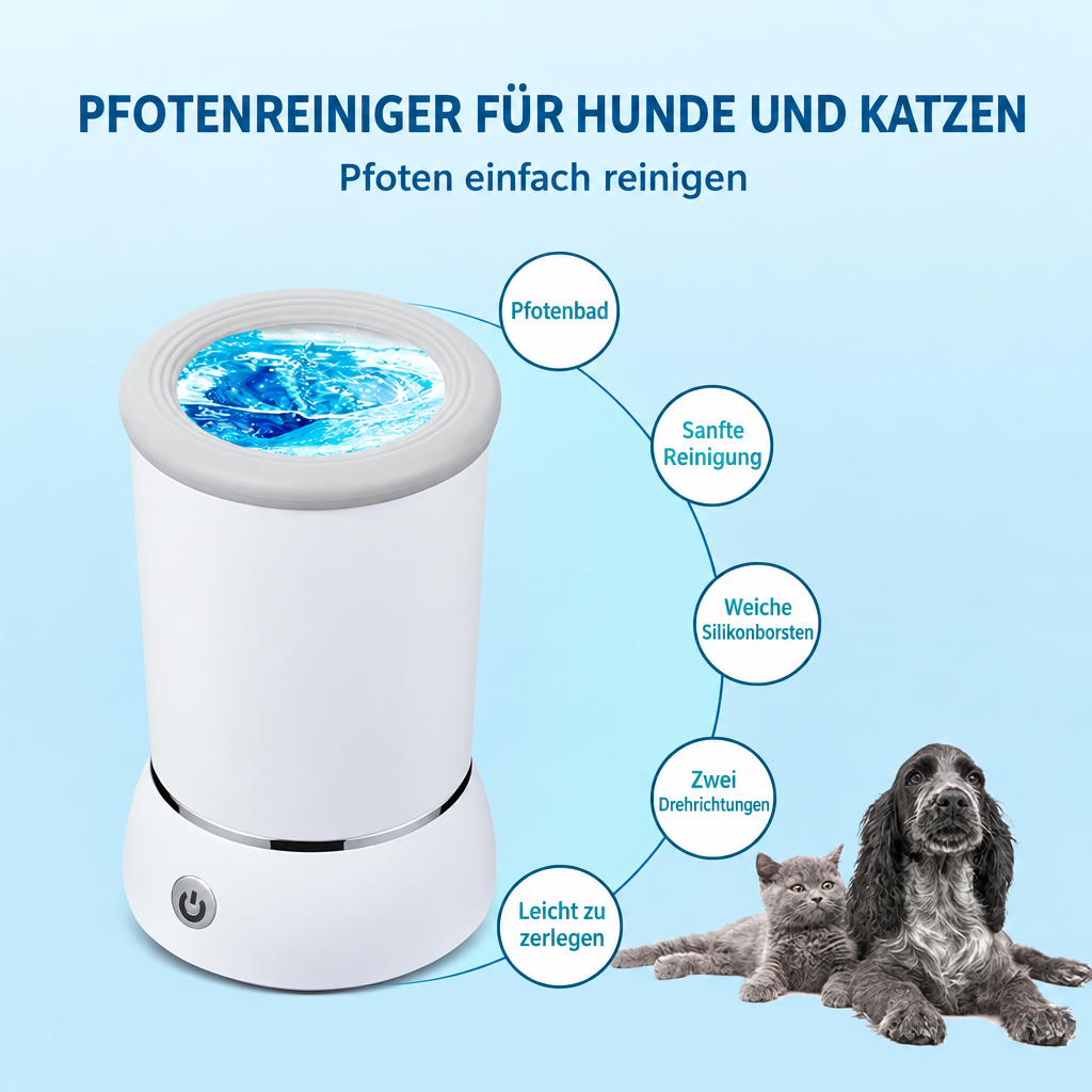 Weisser Pfotenreiniger neben Hund und Katze mit deutschen Beschriftungen zu den Gerätefunktionen