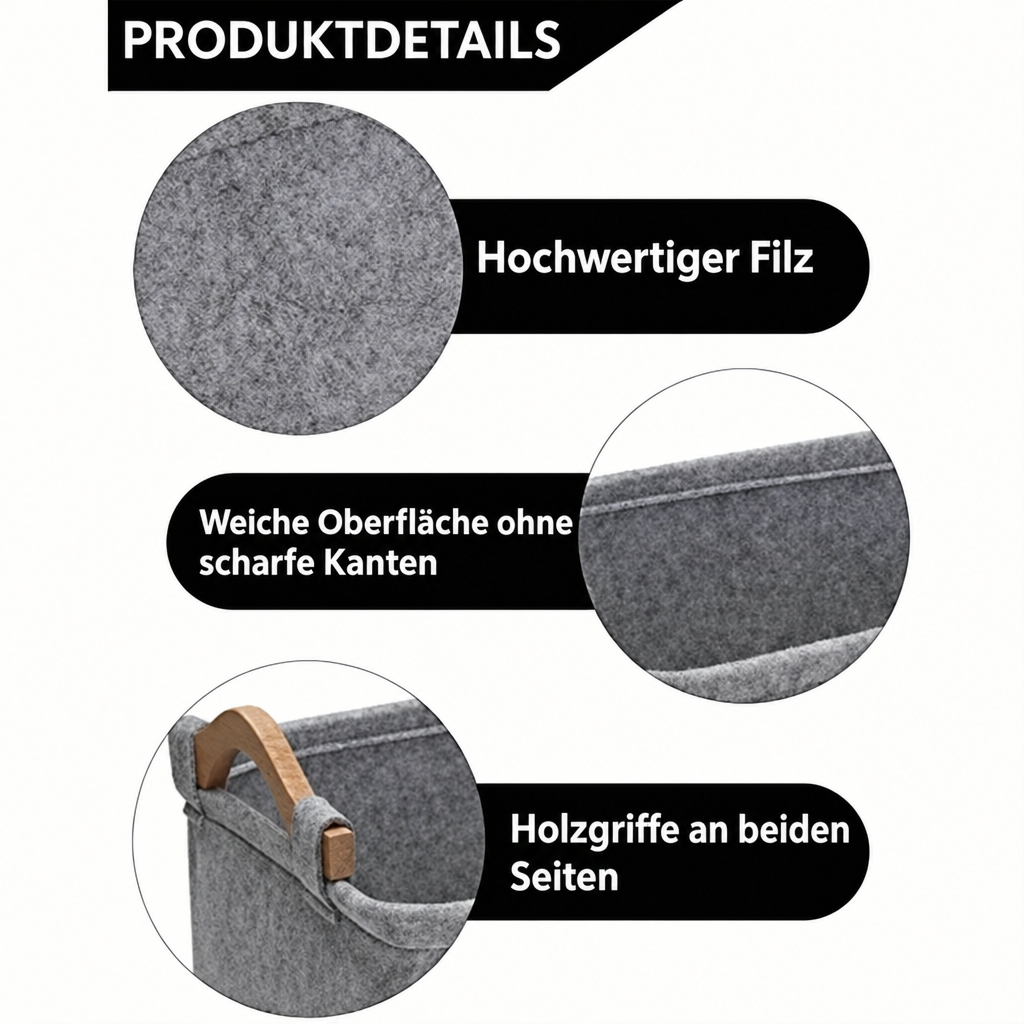 Detailansichten des Filzkorbs zeigen die Filzoberfläche, den oberen Rand und die Holzgriffe