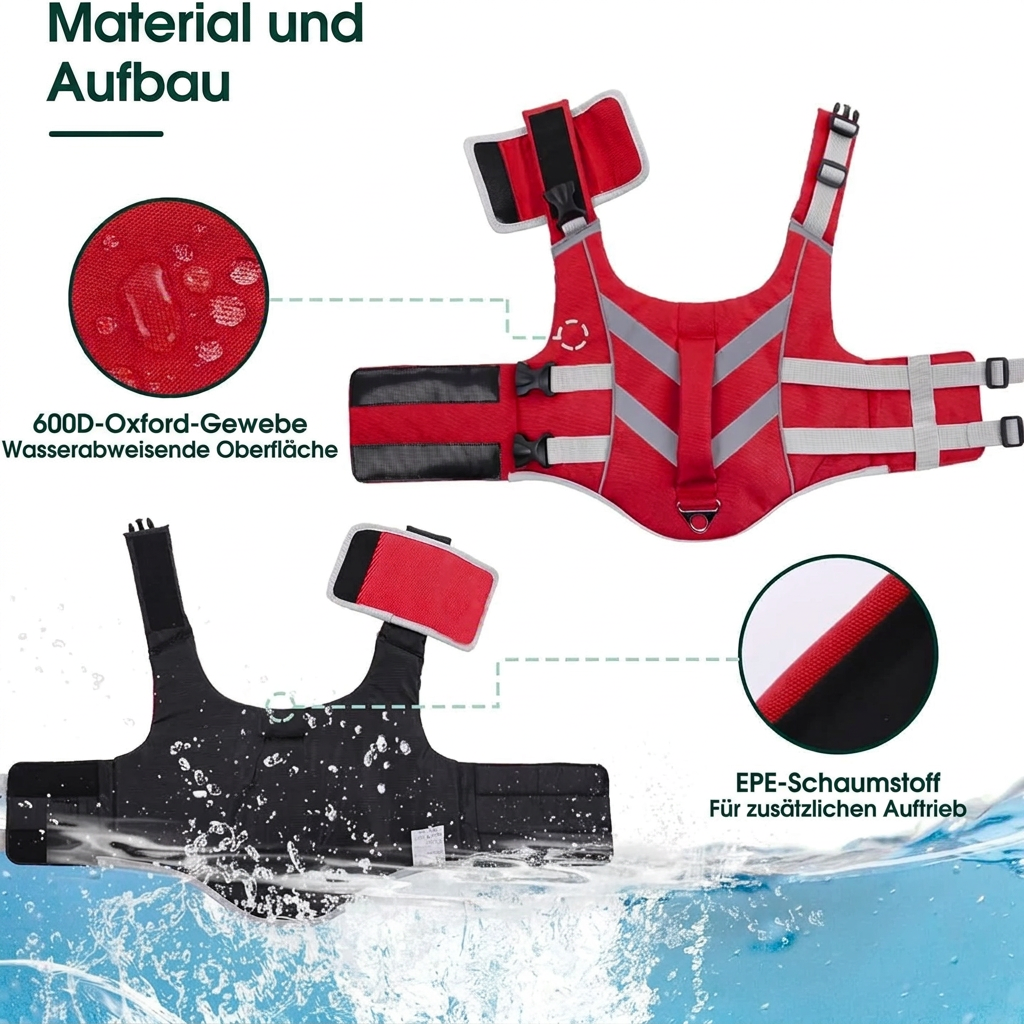 Geöffnete rote Sicherheitsweste für Hunde mit Detailansichten von Aussenmaterial und Schaumstoffpolsterung.