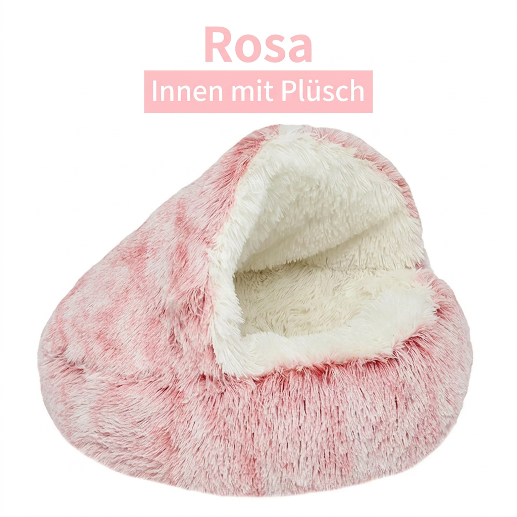 Rosa Plüsch-Katzenhöhle mit flauschigem, cremefarbenem Innenbereich.