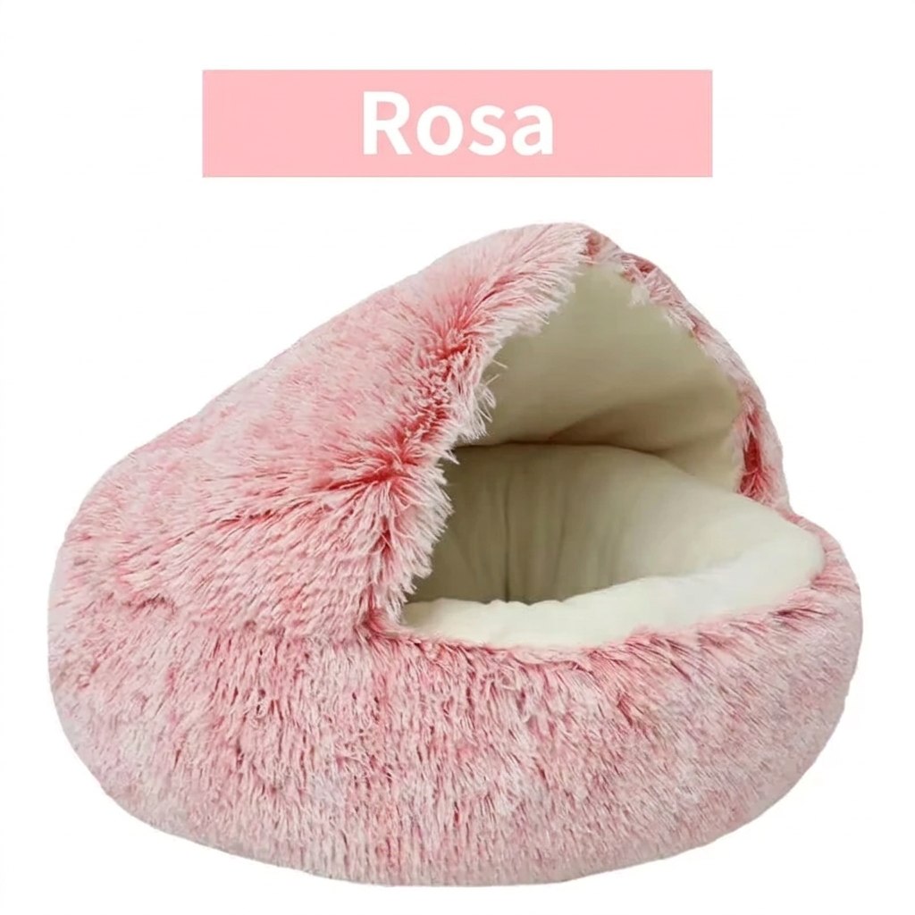 Rosa Katzenbett mit überdachter Liegefläche und cremefarbener Polsterung.