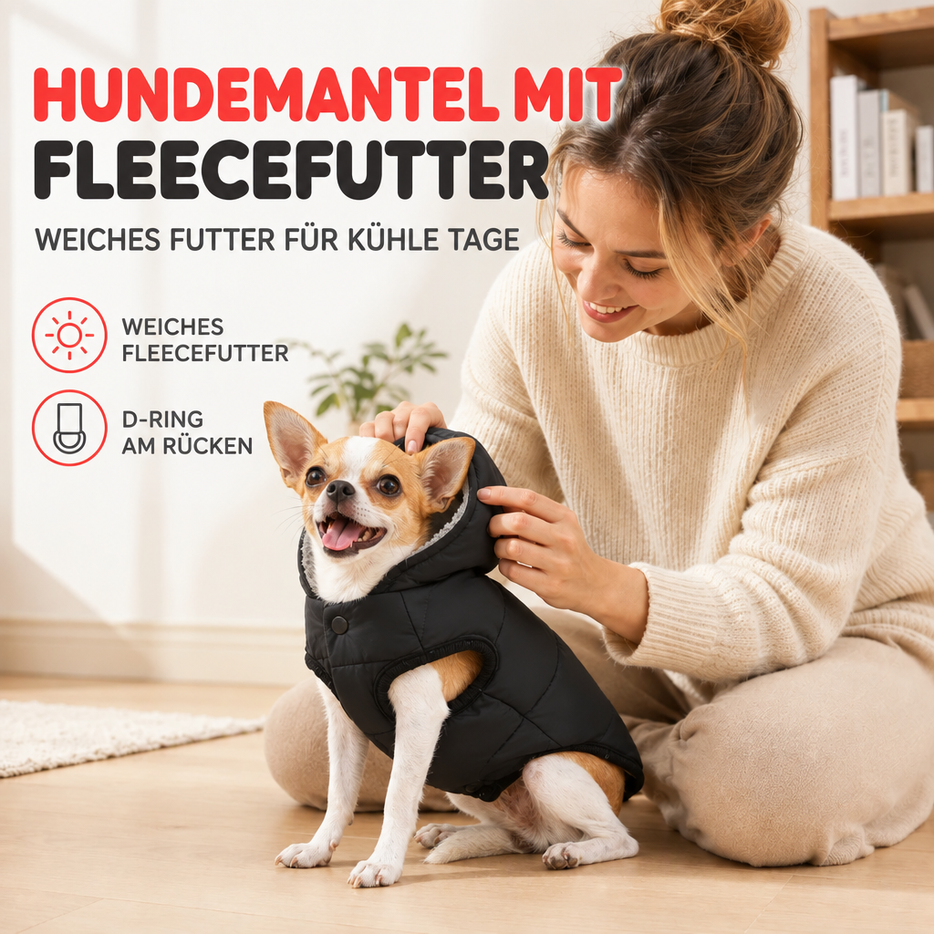Eine Frau richtet die Kapuze eines schwarzen Hundemantels an einem Chihuahua, daneben deutsche Hinweise zu Fleecefutter und D-Ring