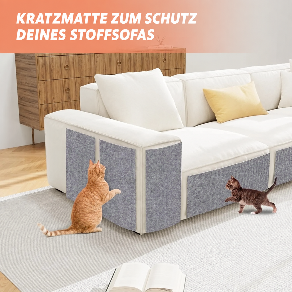 Zwei Katzen vor einem weissen Sofa mit grauen Kratzmatten an den Seiten und der Vorderkante