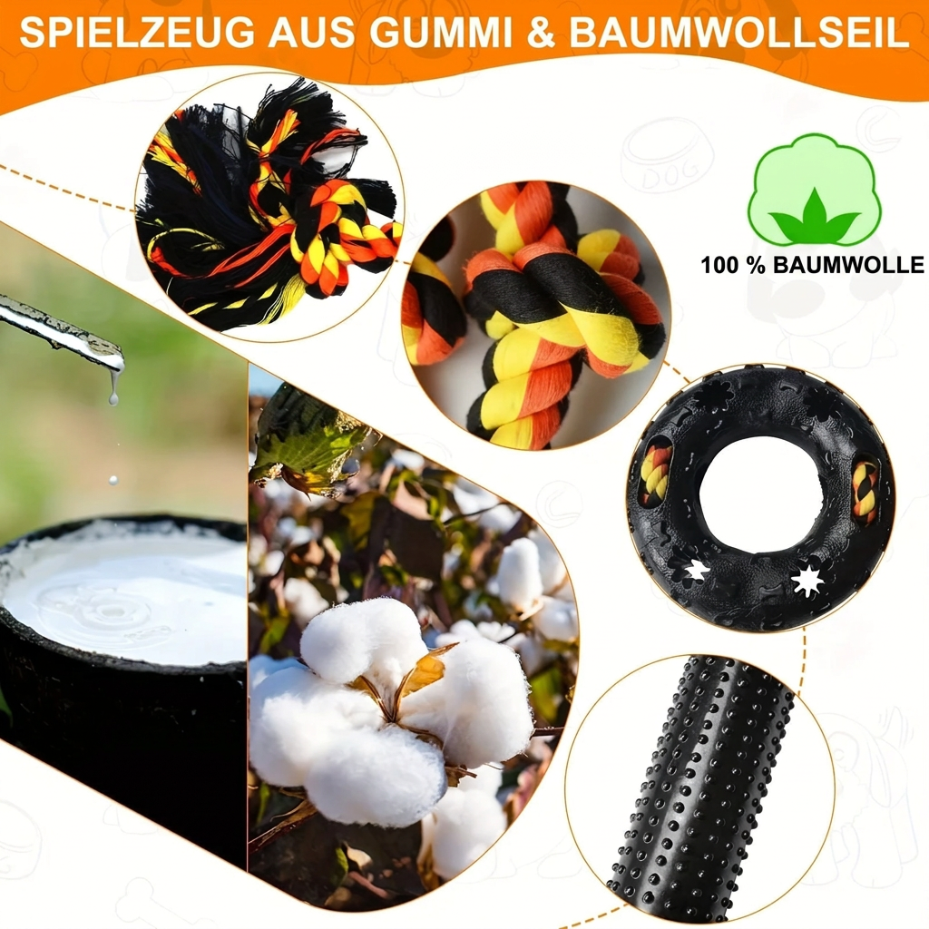 Materialübersicht des Hundespielzeug-Sets mit Gummiring, Gummirolle und geflochtenem Baumwollseil