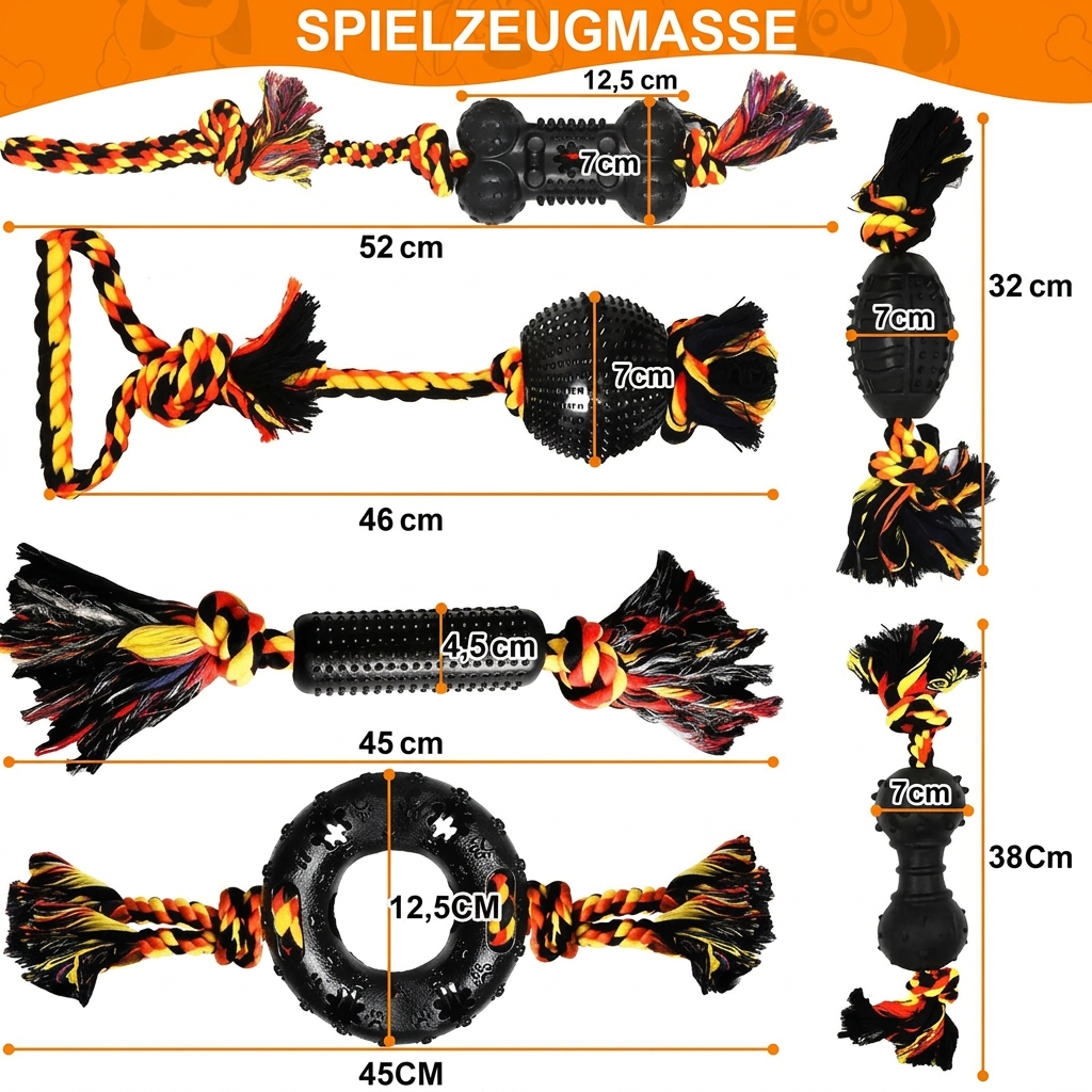 Massübersicht der sechs Hundespielzeuge mit Gesamtlängen von 32 bis 52 cm.