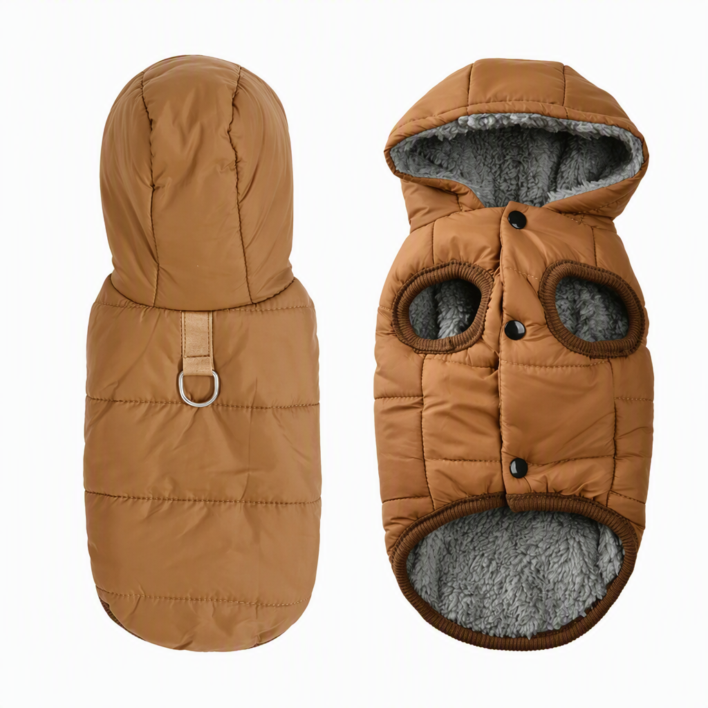 Brauner gesteppter Hundemantel mit Kapuze, grauem Fleecefutter und Leinenring, von vorne und hinten