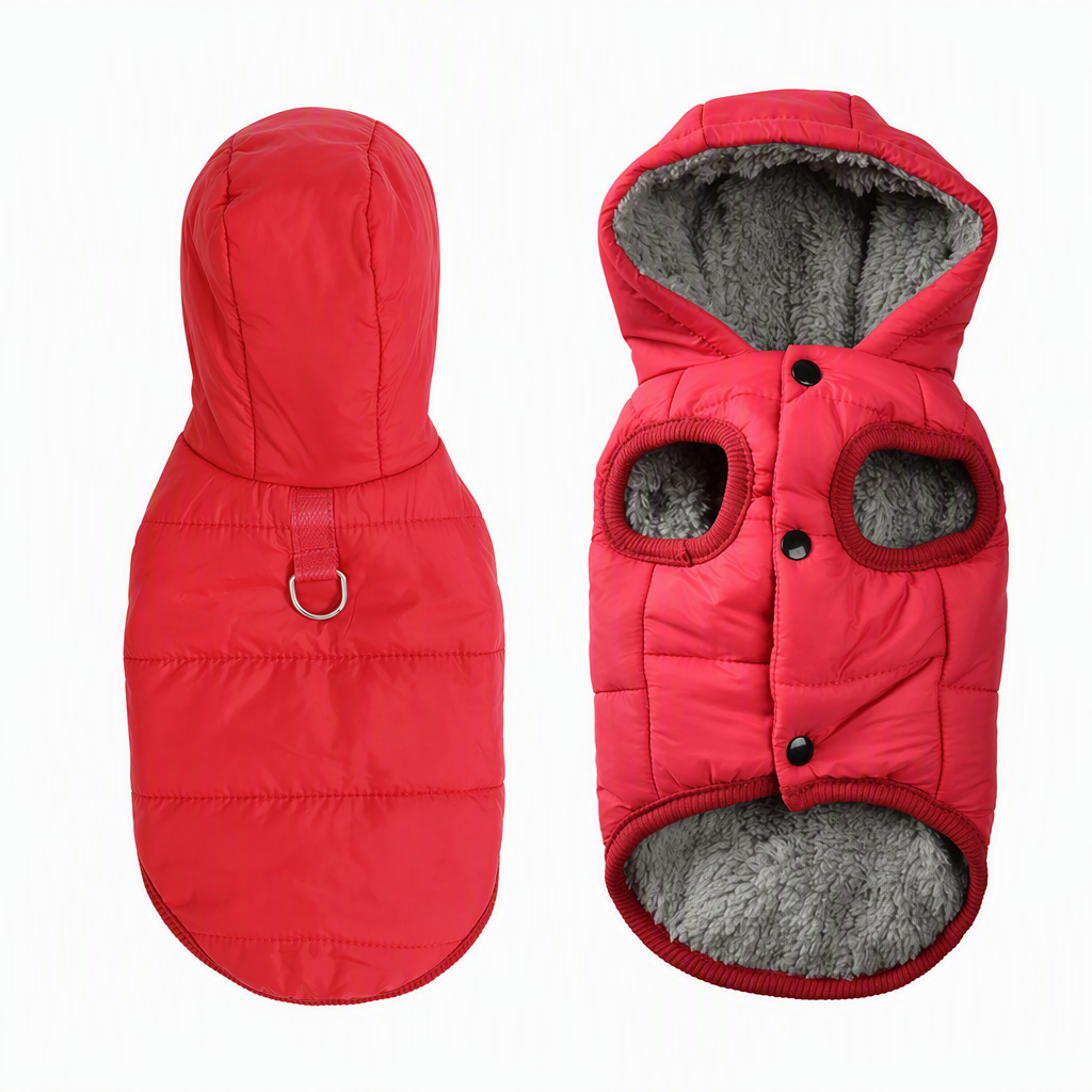 Roter gesteppter Hundemantel mit Kapuze, grauem Fleecefutter und Leinenring, von vorne und hinten