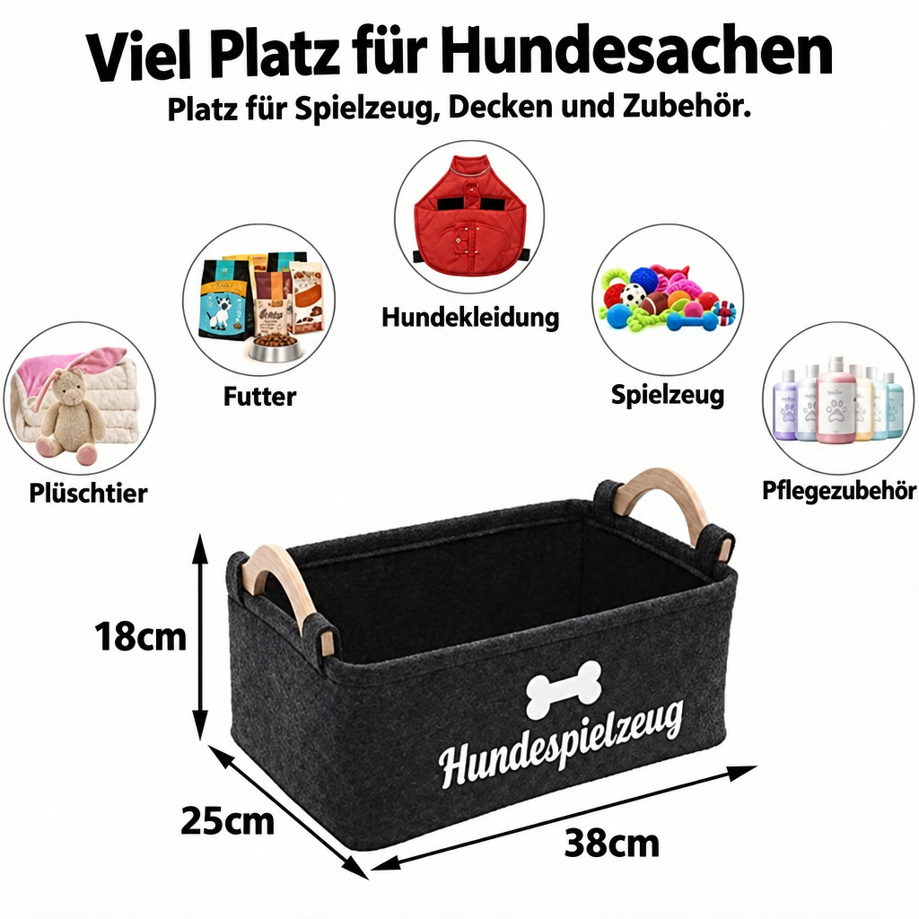 Filzkorb mit Massangaben von 38 × 25 × 18 cm und Abbildungen von Spielzeug, Kleidung, Futter und Pflegezubehör