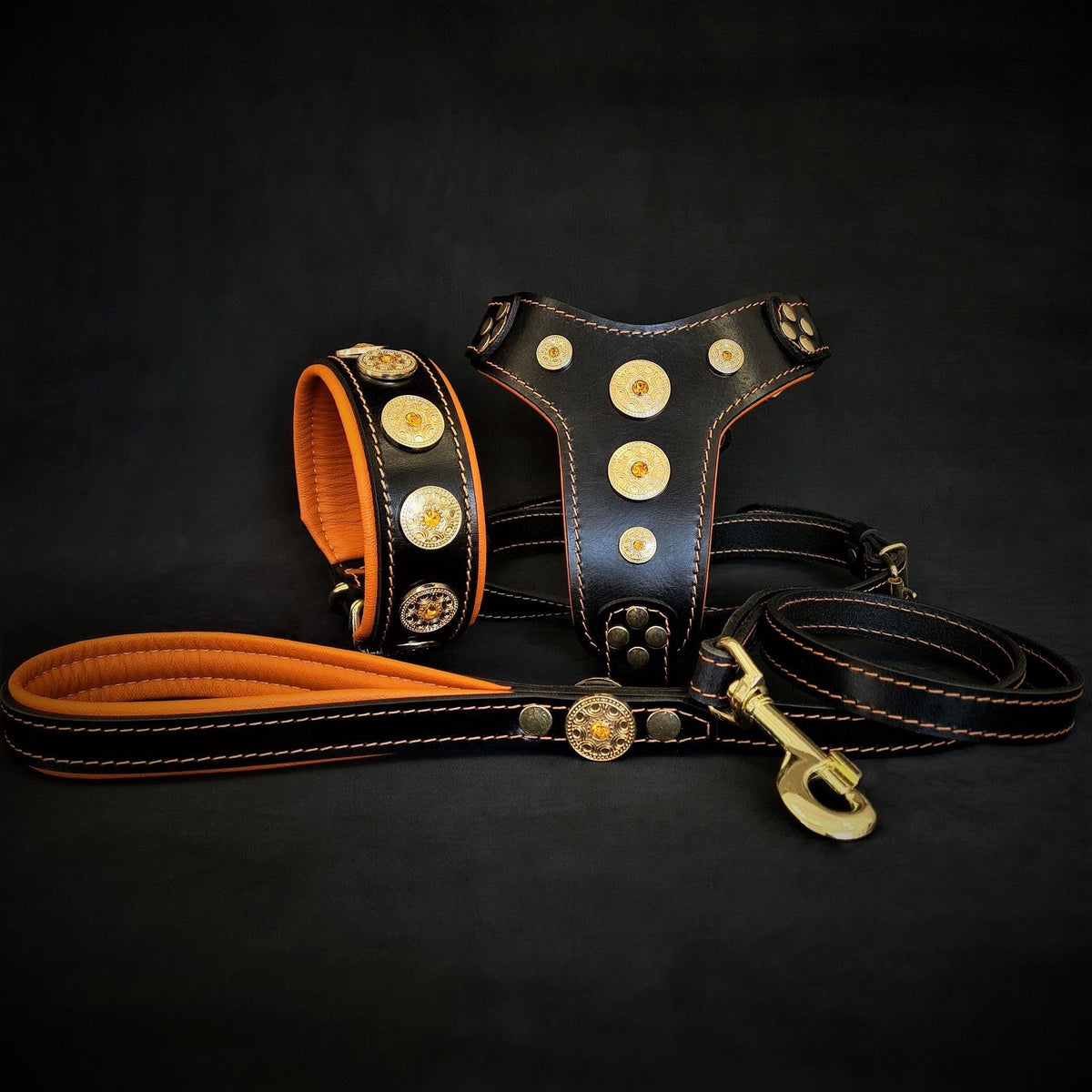 BESTIA Bijou Lederset mit schwarzem Halsband, Geschirr und Leine, orangefarbener Polsterung und goldfarbenen Zierelementen mit Strasssteinen.