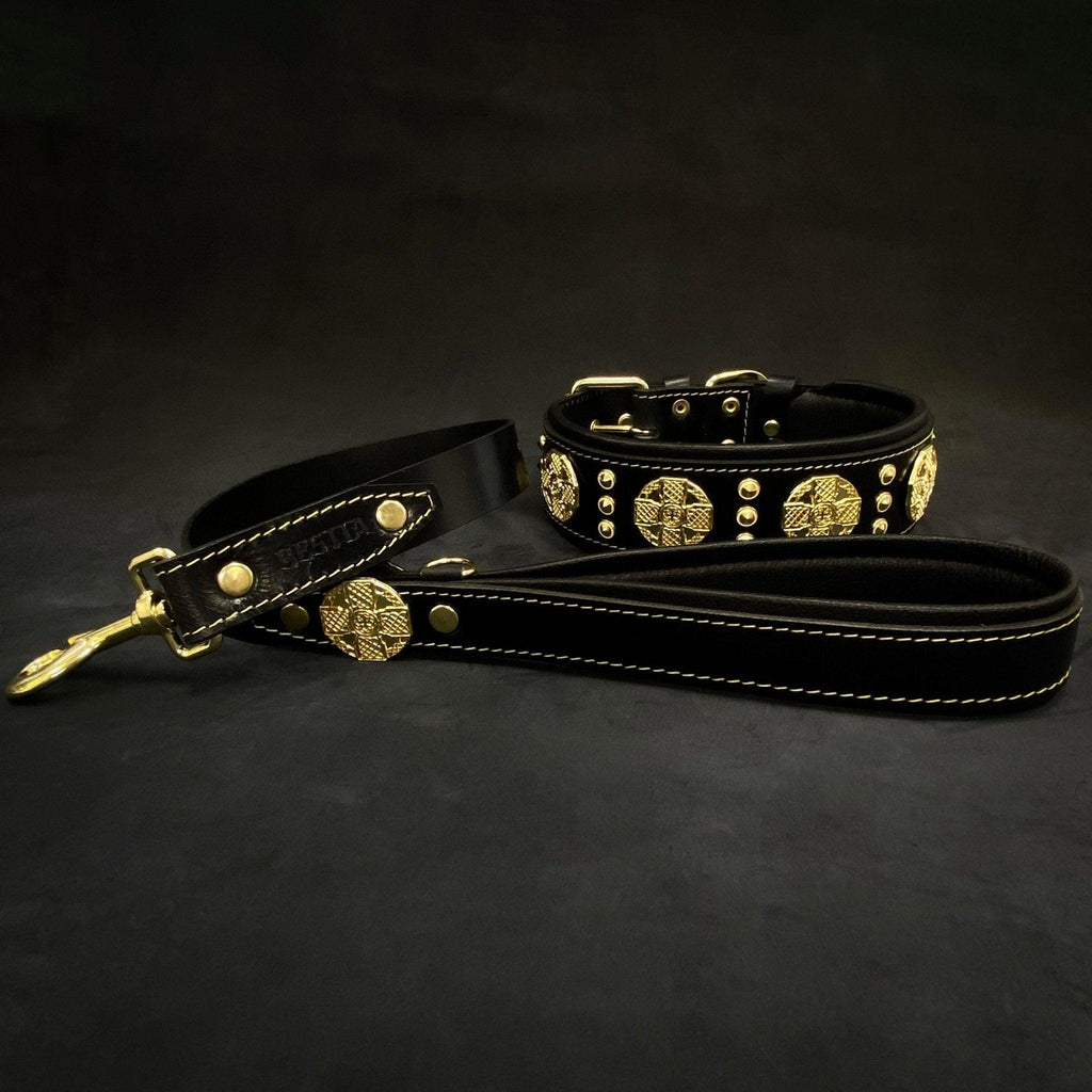 BESTIA Maximus Set aus schwarzem Lederhalsband und passender Leine mit goldfarbenen Ziernieten und Metallbeschlägen.
