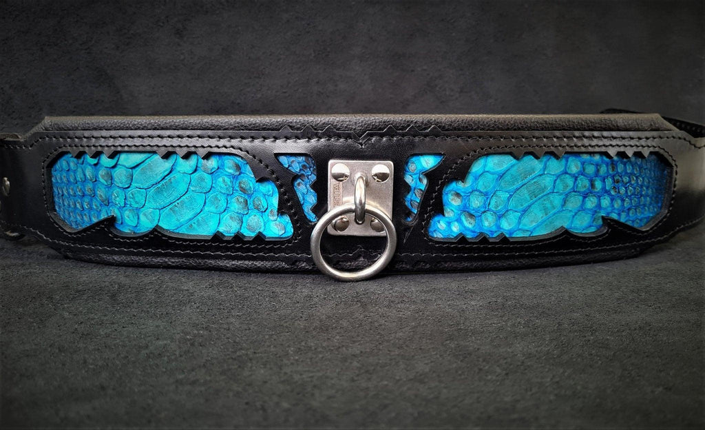 BESTIA Morelia Python Lederhalsband in ausgebreiteter Ansicht mit blauen Pythonmuster-Einsätzen und mittigem silberfarbenem Leinenring.