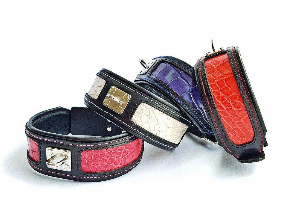 BESTIA Lederhalsband Reptile – M bis XXL, Rot - Weiss und Blau.