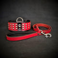 Rotes Star-Lederset aus Halsband mit silberfarbenen Nieten und passender Leine mit schwarzer Polsterung und Metallkarabiner