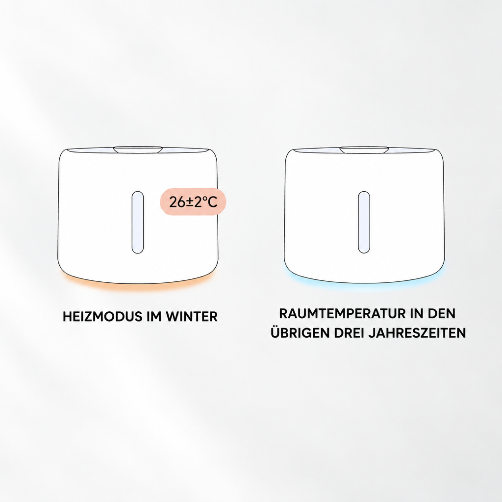 Vergleichsgrafik des Katzenbrunnens mit Heizmodus bei 26 ± 2 °C und Betrieb bei Raumtemperatur