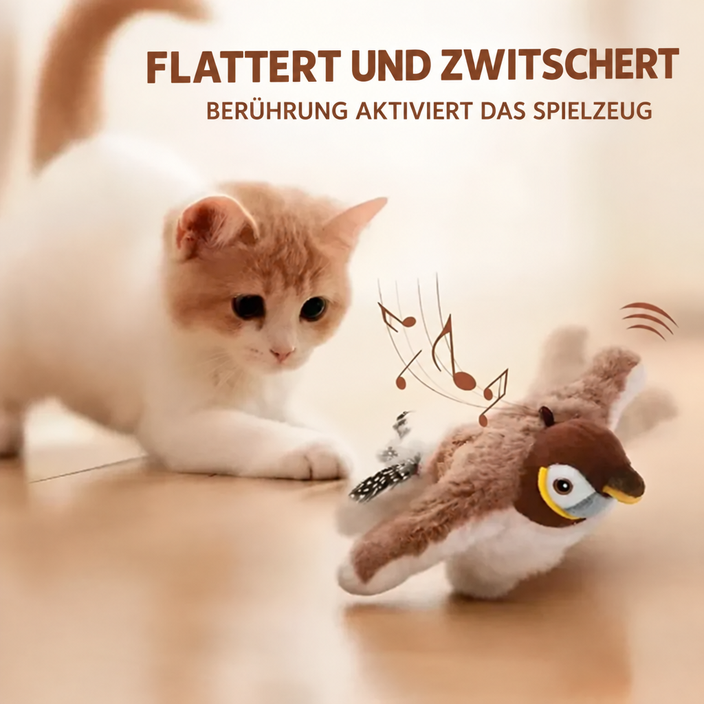 Vogelspielzeug und Katze mit deutscher Beschriftung
