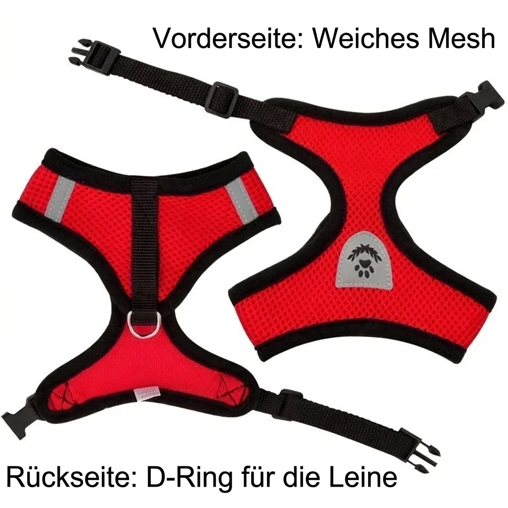 Vorder- und Rückansicht des roten Mesh-Geschirrs mit verstellbaren Riemen und Metall-D-Ring.