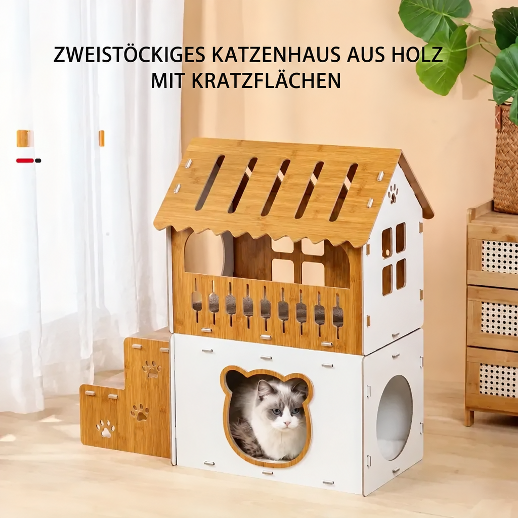 Zweistöckiges Katzenhaus mit deutscher Überschrift